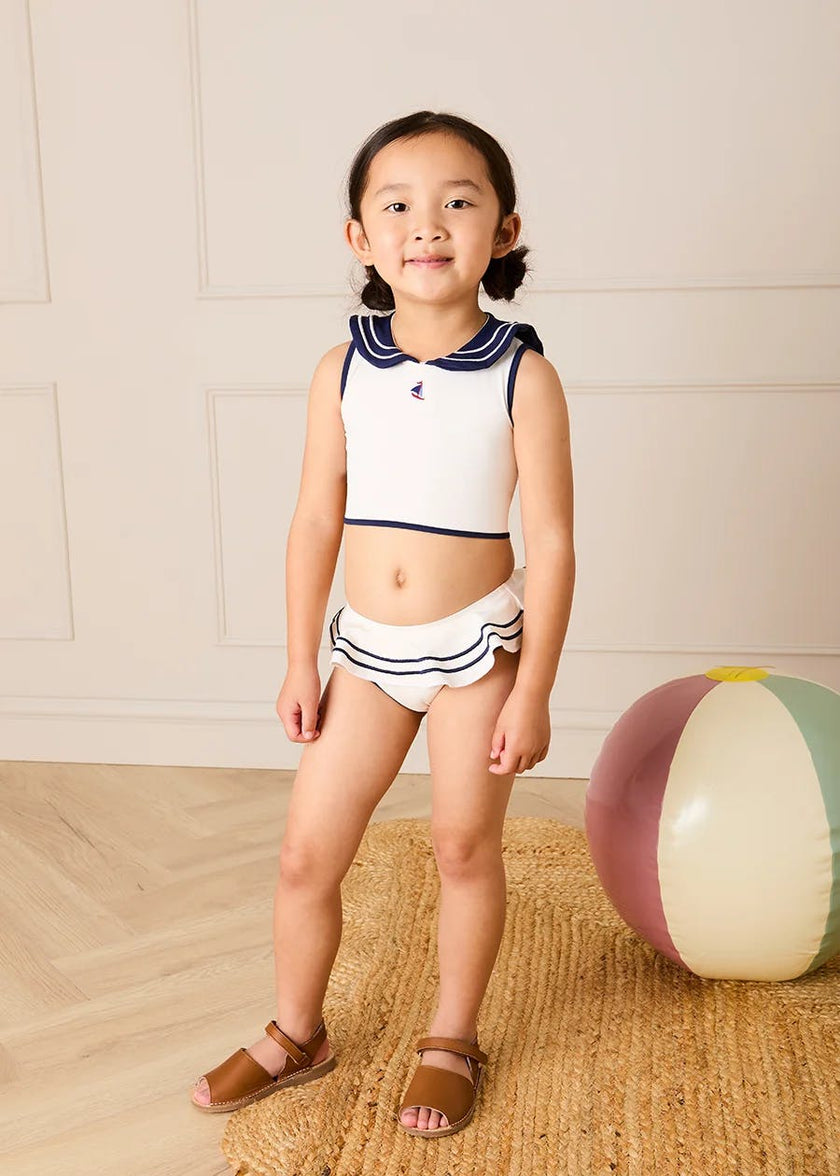 Mariner Collar Embroidered Boat Motif Two Piece Swimsuit in White (12mths- 10yrs)