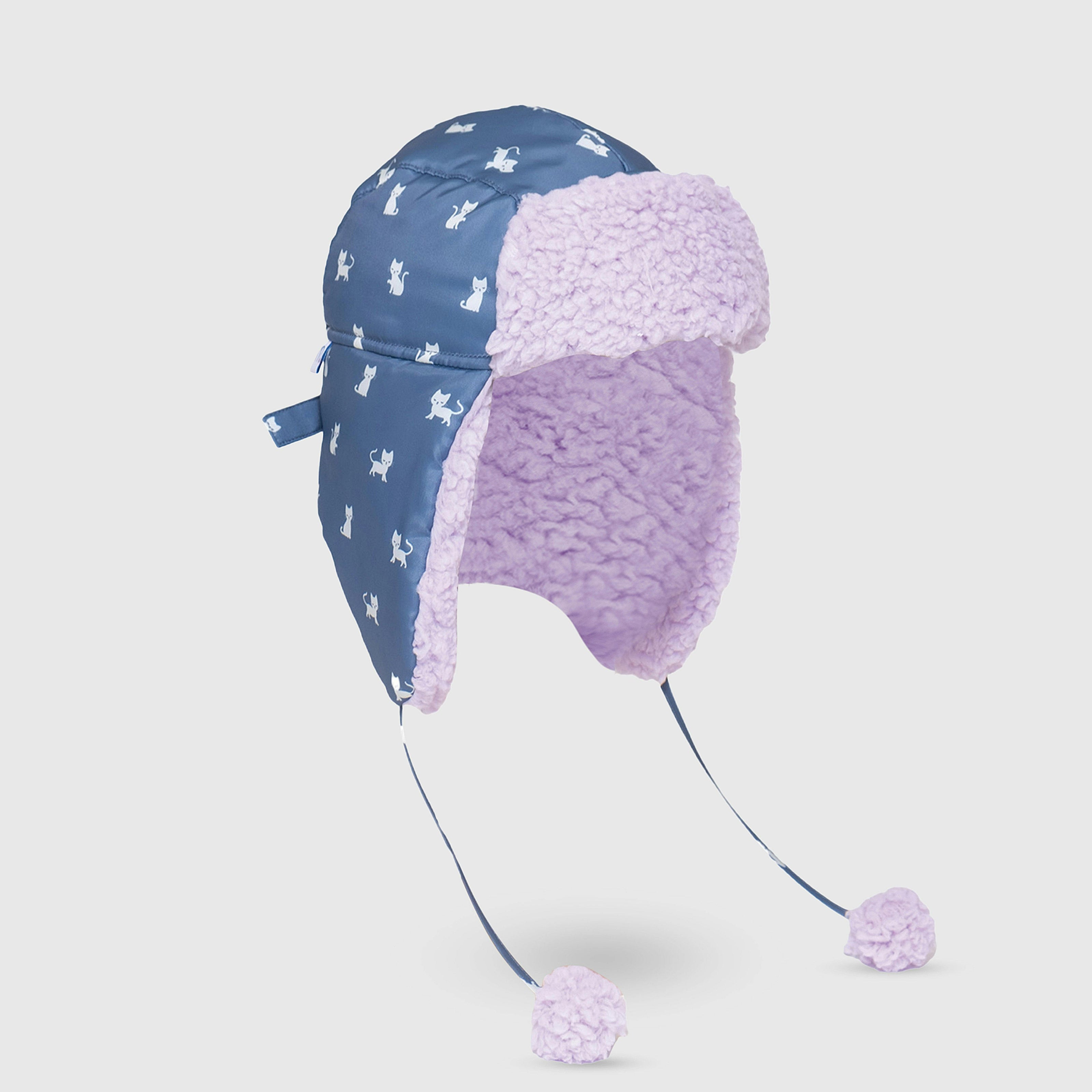 The Cozy Trapper Hat – Kittens Print with Orchid Sherpa Liner & Pompoms