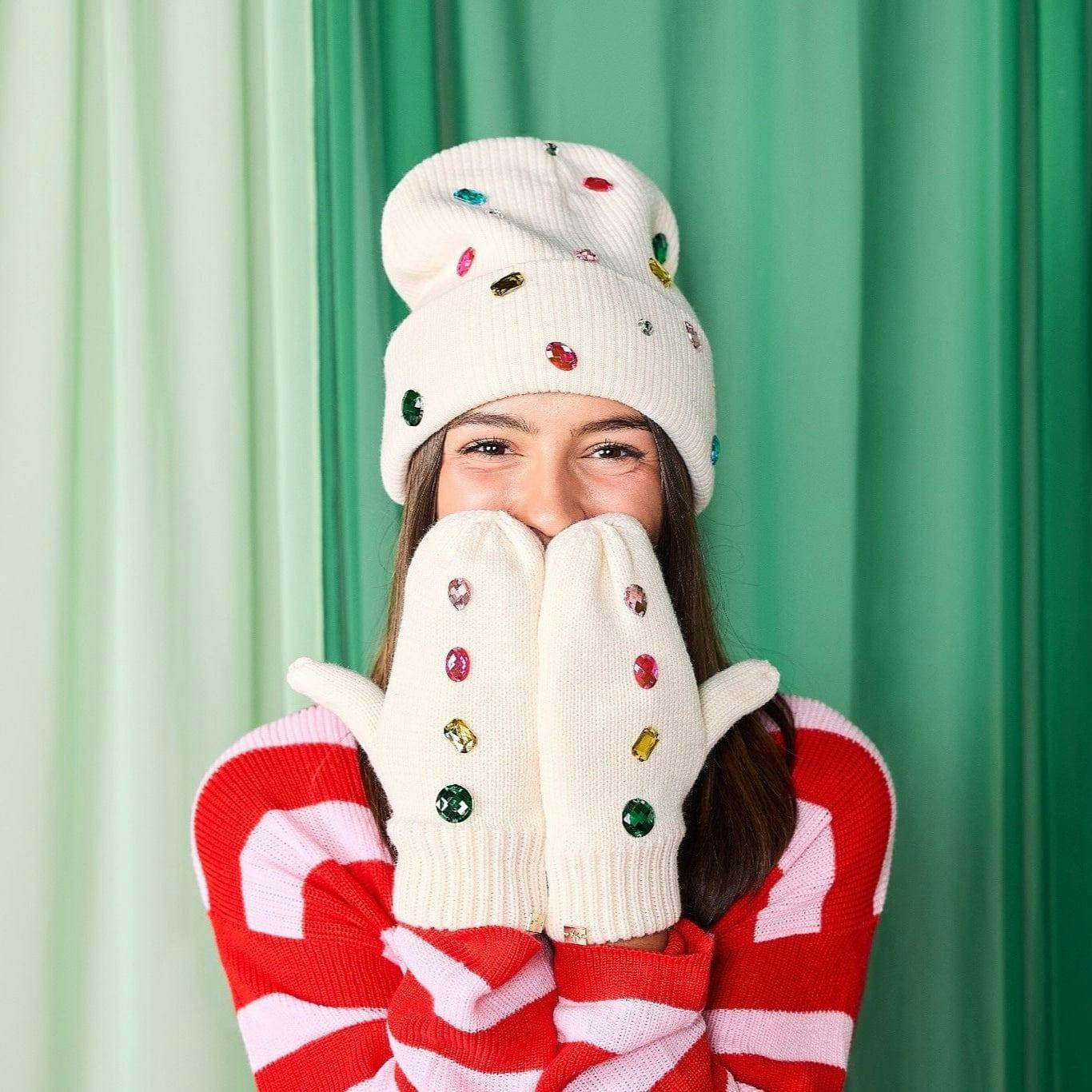 Packed Party White Gem Rhinestone Knit Beanie and Mittens Set - Double-Layer Rib Knit with Iridescent Gems and Rhinestone Mittens, One Size Fits All
