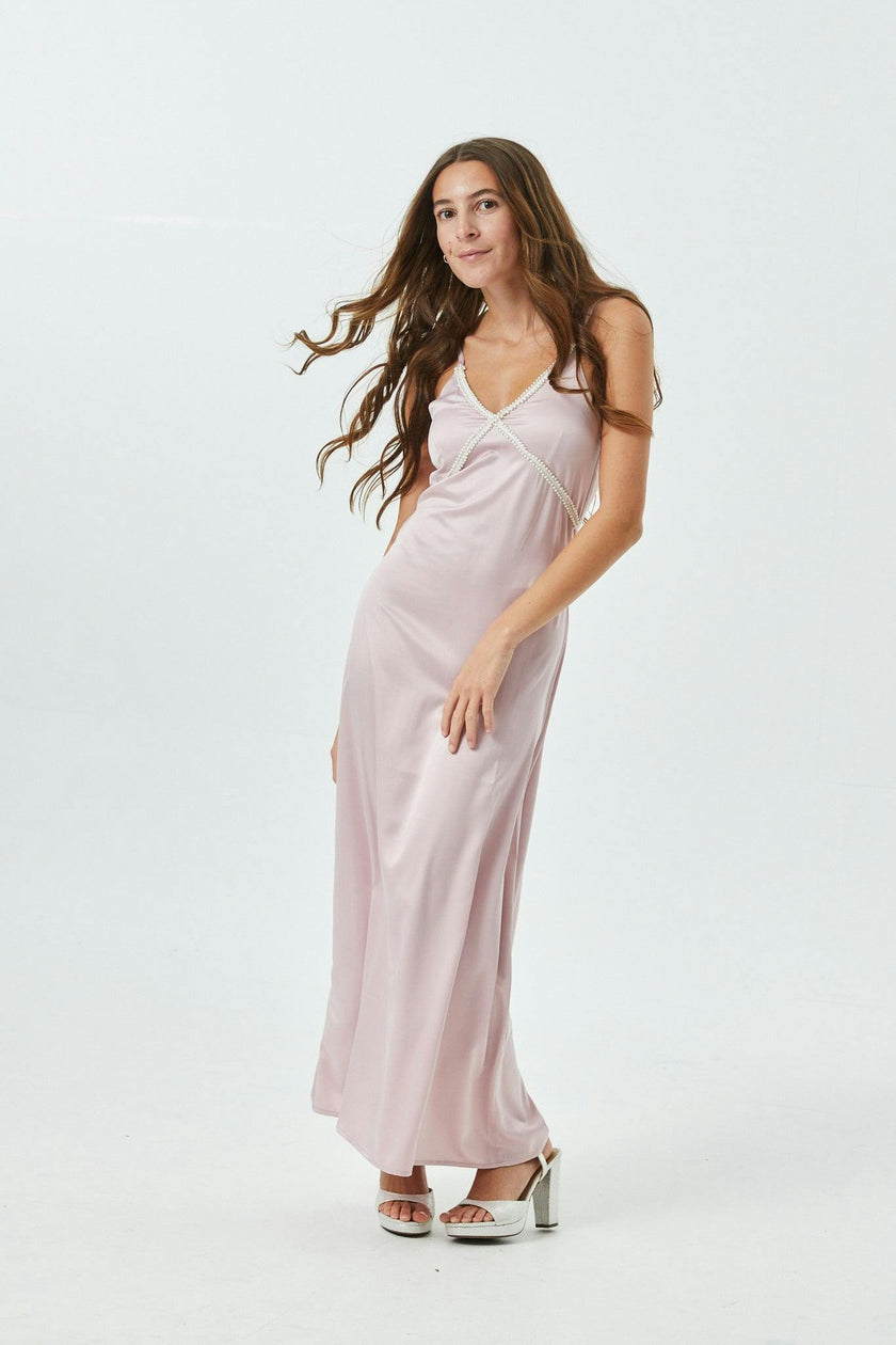 Miller Mauve Satin Maxi Dress With Lace Trim