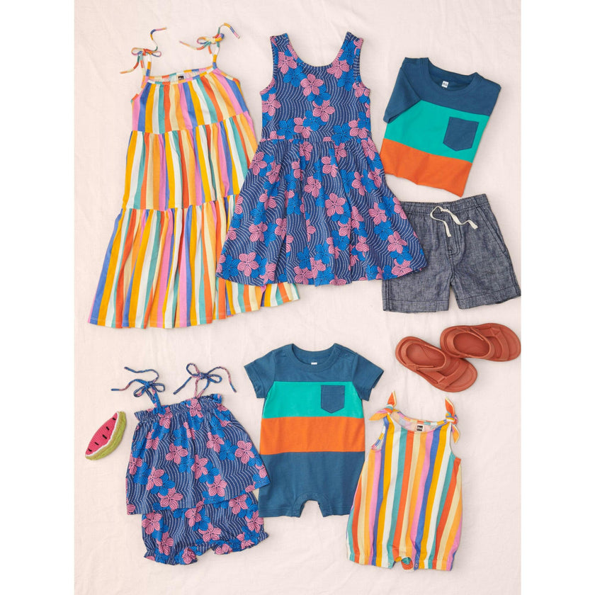 Baby Tie Shoulder Smocked Chest & Hem Set, Blue