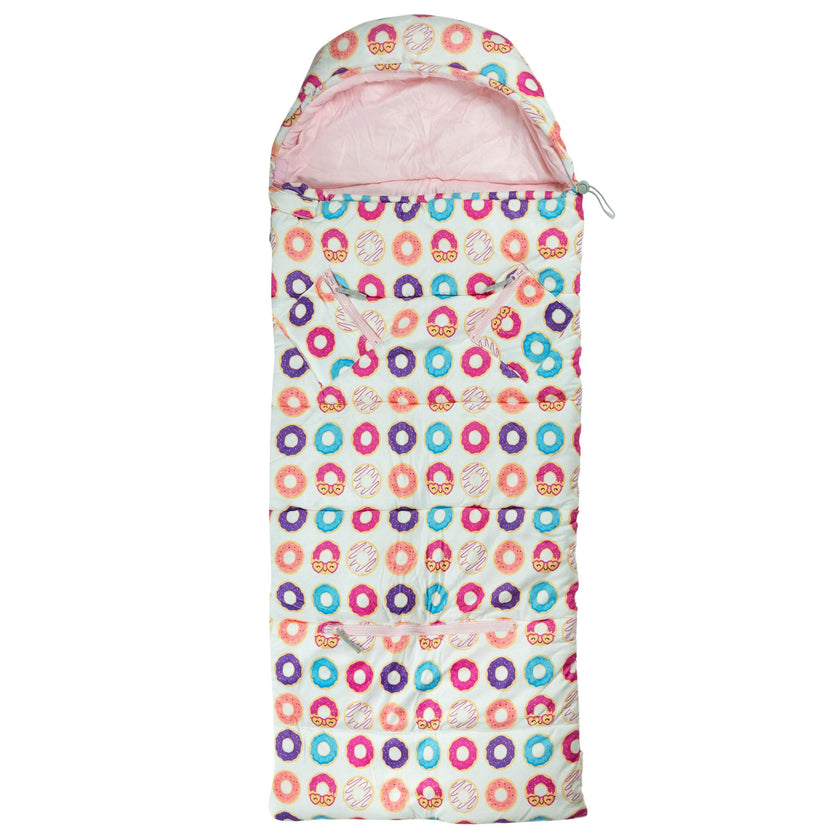 Sleep-n-Pack: Packable Little Kid's Sleeping Bag & Backpack, Cozy Mink, Donuts