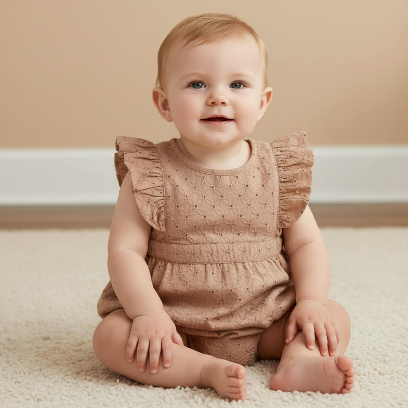 Organic Eyelet Flutter Romper - Clay Eyelet