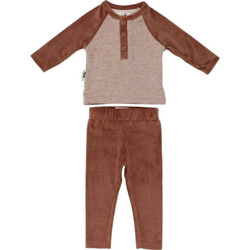 Velour Contrast Raglan Sleeve Henley Tee & Pant 2-Piece Set