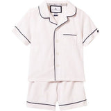 Kid's Twill Pajama Short Set in White with Navy Piping