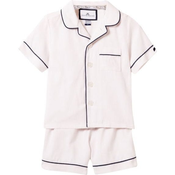 Kid's Twill Pajama Short Set in White with Navy Piping