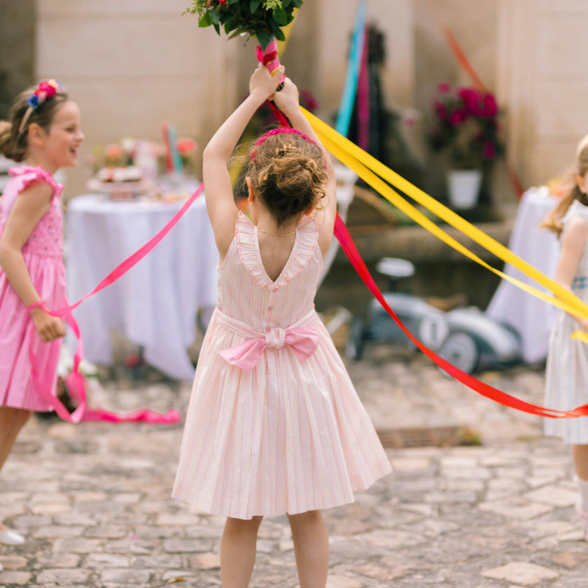 Capucine Pink Yellow Stripe Sleeveless Smocked Dress