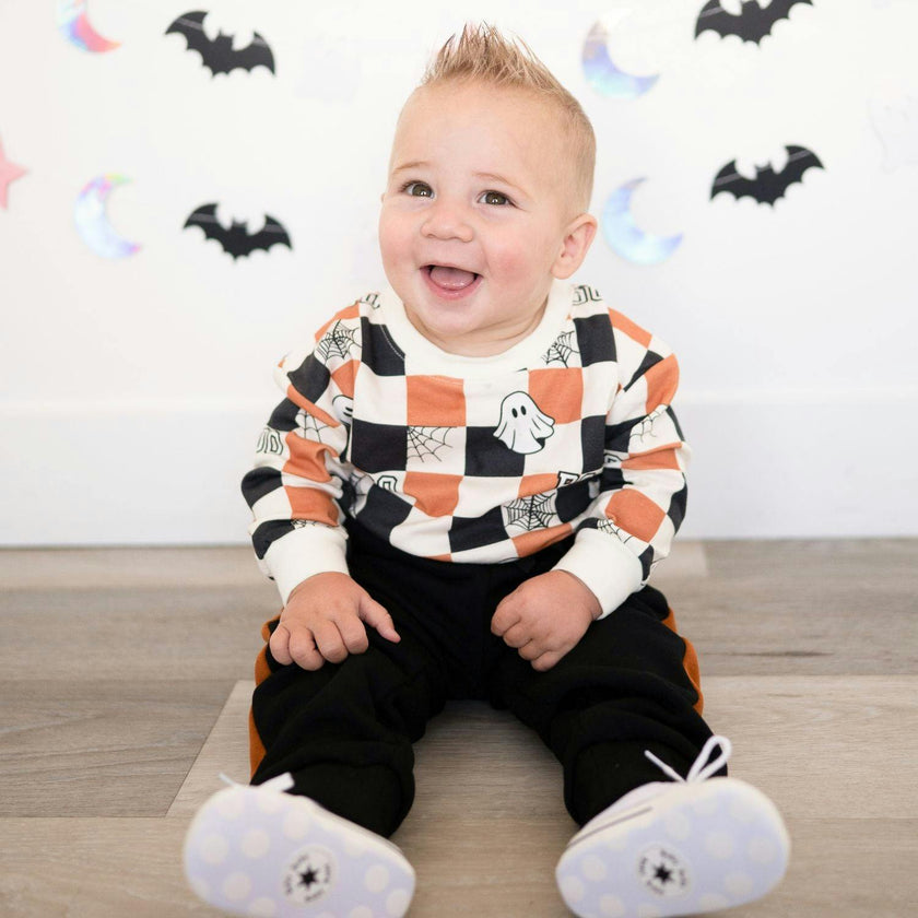 Boo Checkered Halloween Long Sleeve Romper