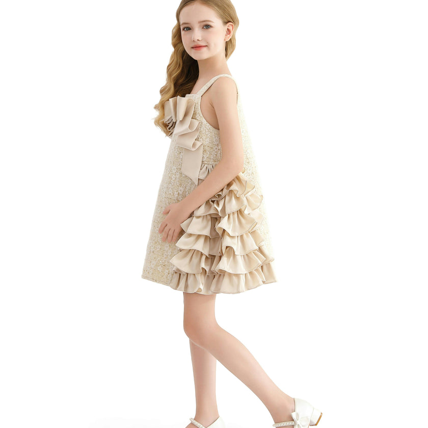 Cream Ruffle Cascade Bow Dress