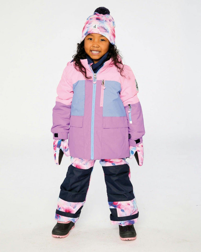 Two Piece Play Snowsuit Pink And Purple Colorblock With Watercolor Floral Print Pants