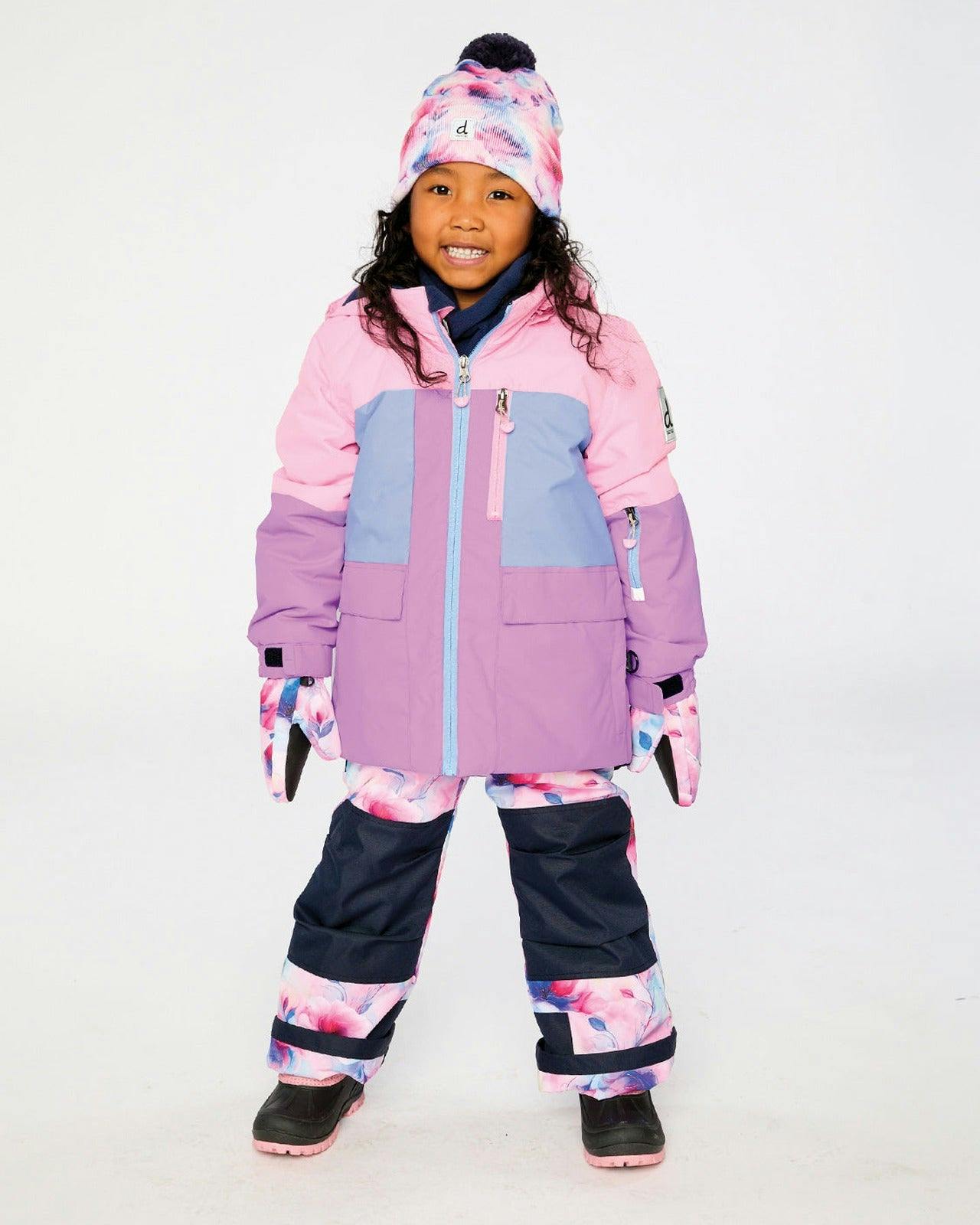 Two Piece Play Snowsuit Pink And Purple Colorblock With Watercolor Floral Print Pants