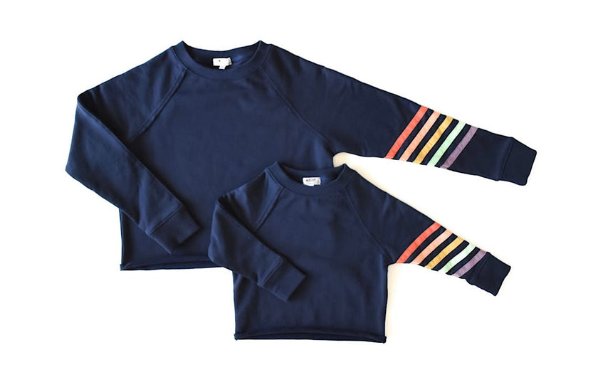 Navy Cropped Crew Neck With Rainbow Stripes