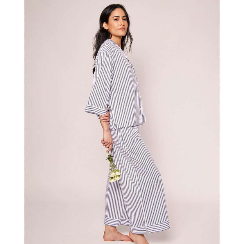 The Olivia Wide Leg Pima Pajama Set in Navy French Ticking