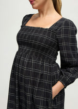 Plaid Smocked Ruffle Sleeve Maternity Midi Dress