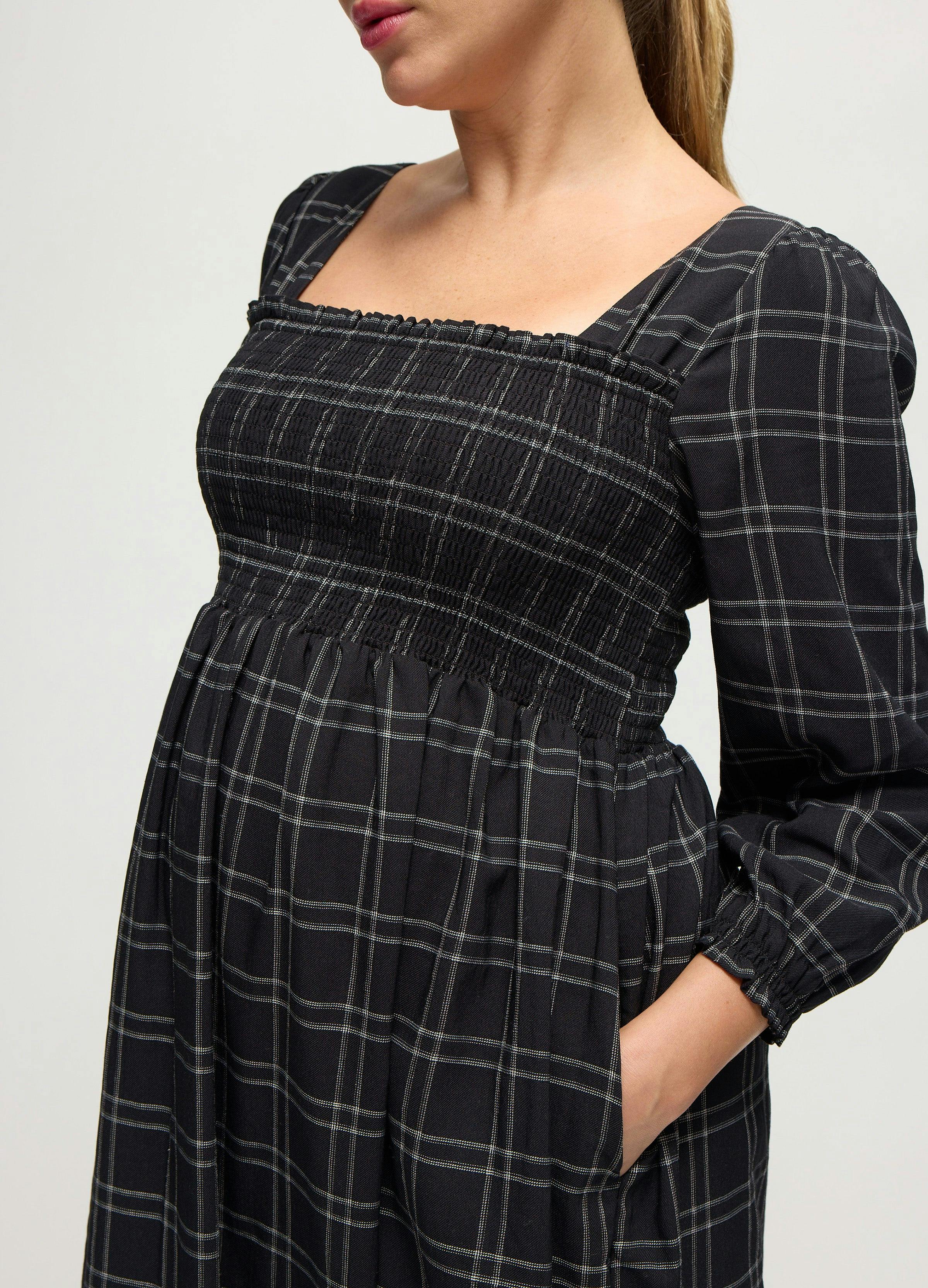 Plaid Smocked Ruffle Sleeve Maternity Midi Dress