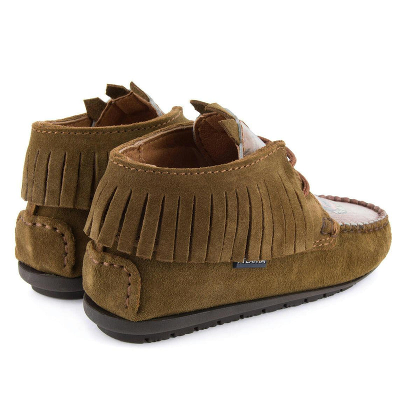 Fringed Moccasin Boot in suede leather, camel and print