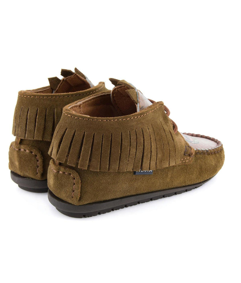 Fringed Moccasin Boot in suede leather, camel and print
