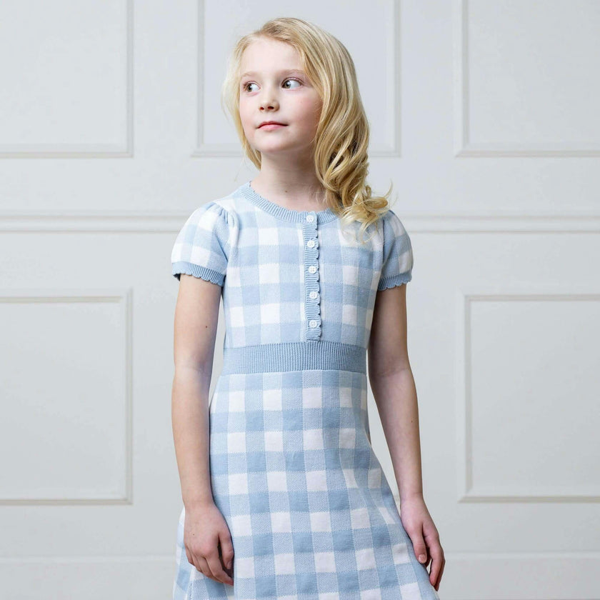 Organic Short Sleeve Button Front Sweater Dress, Blue