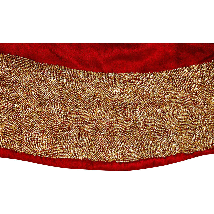 Red Velvet Christmas Tree Skirt Hand Beaded Gold Border - 60" / 72"