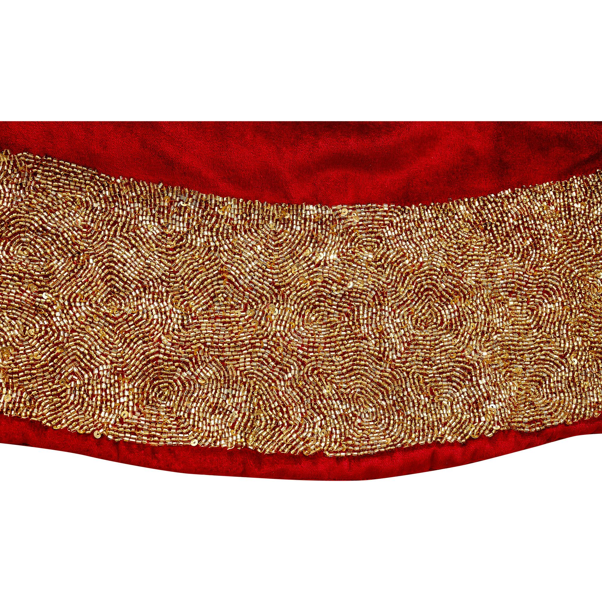 Red Velvet Christmas Tree Skirt Hand Beaded Gold Border - 60