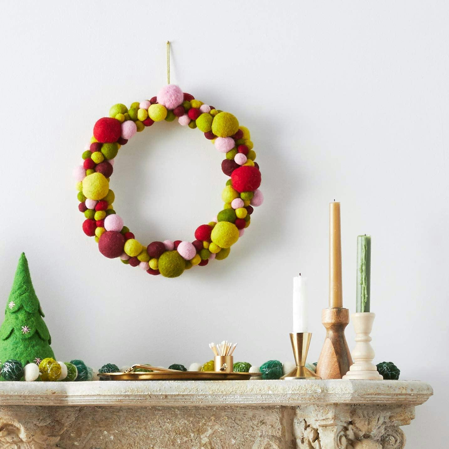 Handmade Hand Felted Wool Wreath - Multicolor Ball - 14