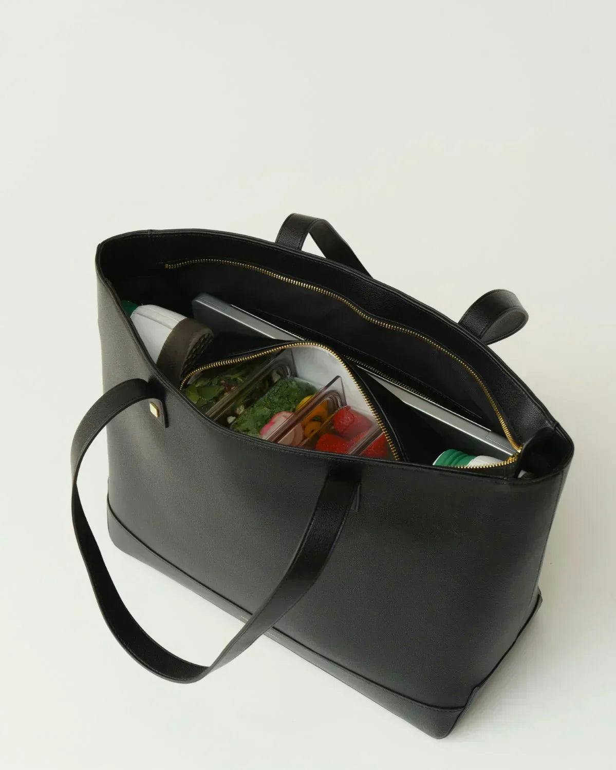 Vegan Leather Work Tote Bag with Removable Insulated Pouch, Black Croc