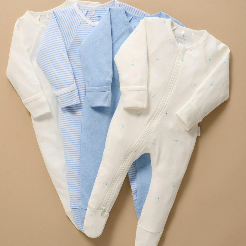 4 Pack Zip Growsuit Pale Blue Bear Pack