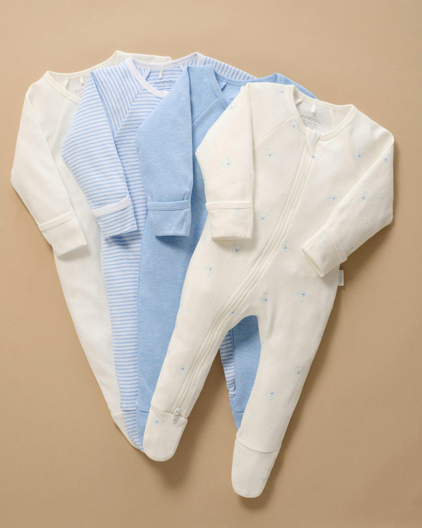 4 Pack Zip Growsuit Pale Blue Bear Pack