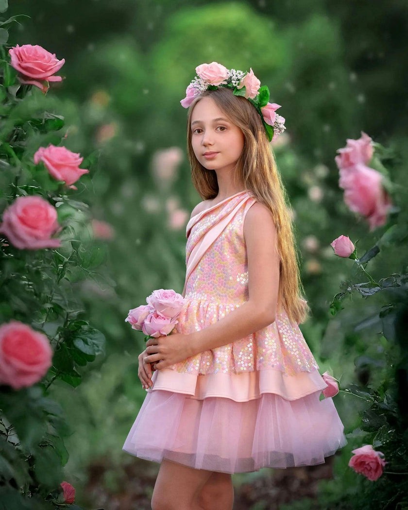 Rosy Bloom Off-Shoulder Sequin Birthday Dress for Girls