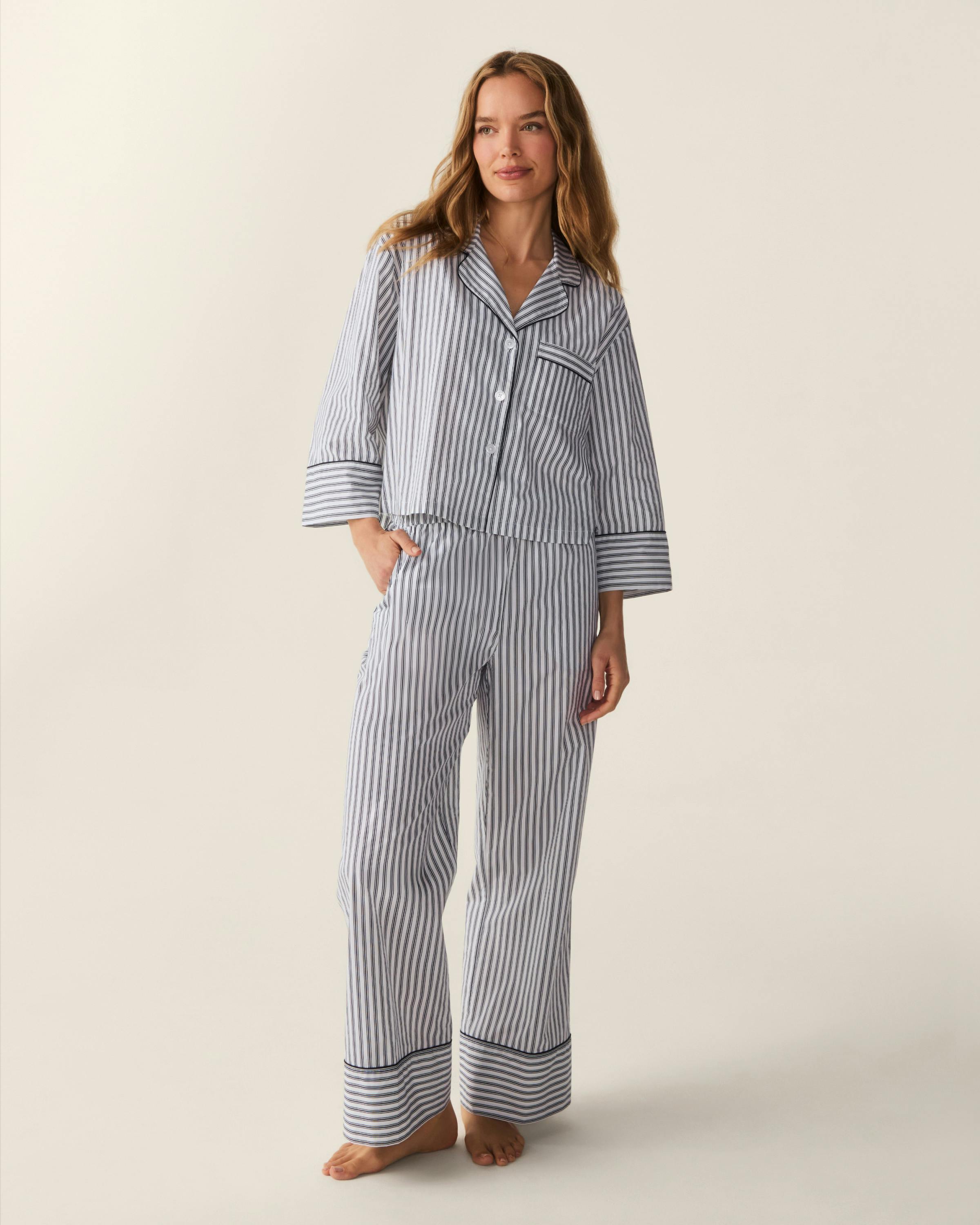 The Celine Poplin Pajama Set in Navy French Ticking