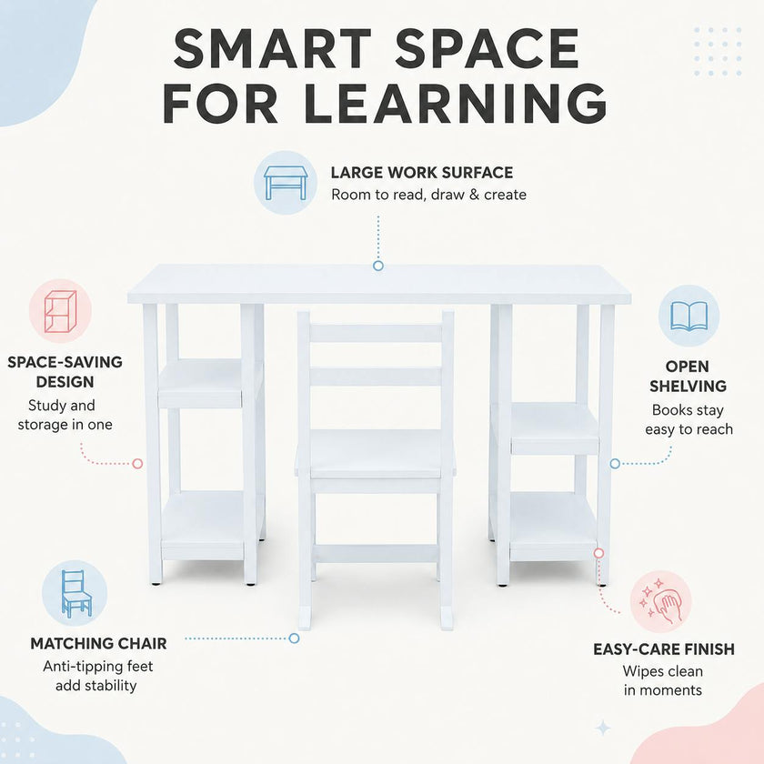 Wooden Desk & Chair Set with 4 Storage Shelves