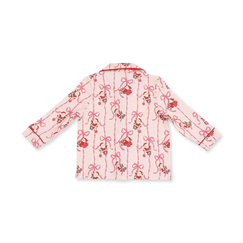 Bows & Santa - Knit Flame Resistant Kids Long Sleeve Coat Style with Pant