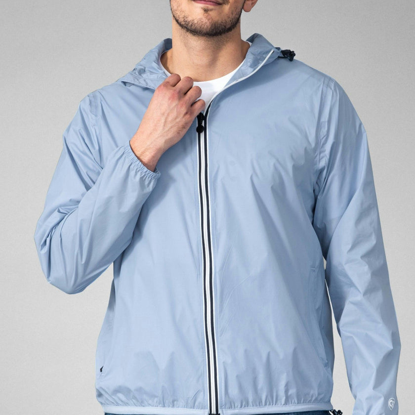 Powder blue full zip packable rain jacket and windbreaker