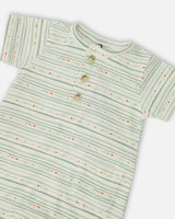 Organic Cotton Romper White Printed Mint Green Lines