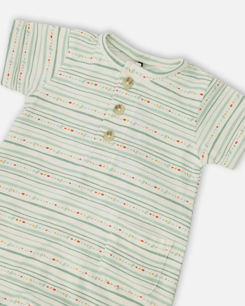 Organic Cotton Romper White Printed Mint Green Lines