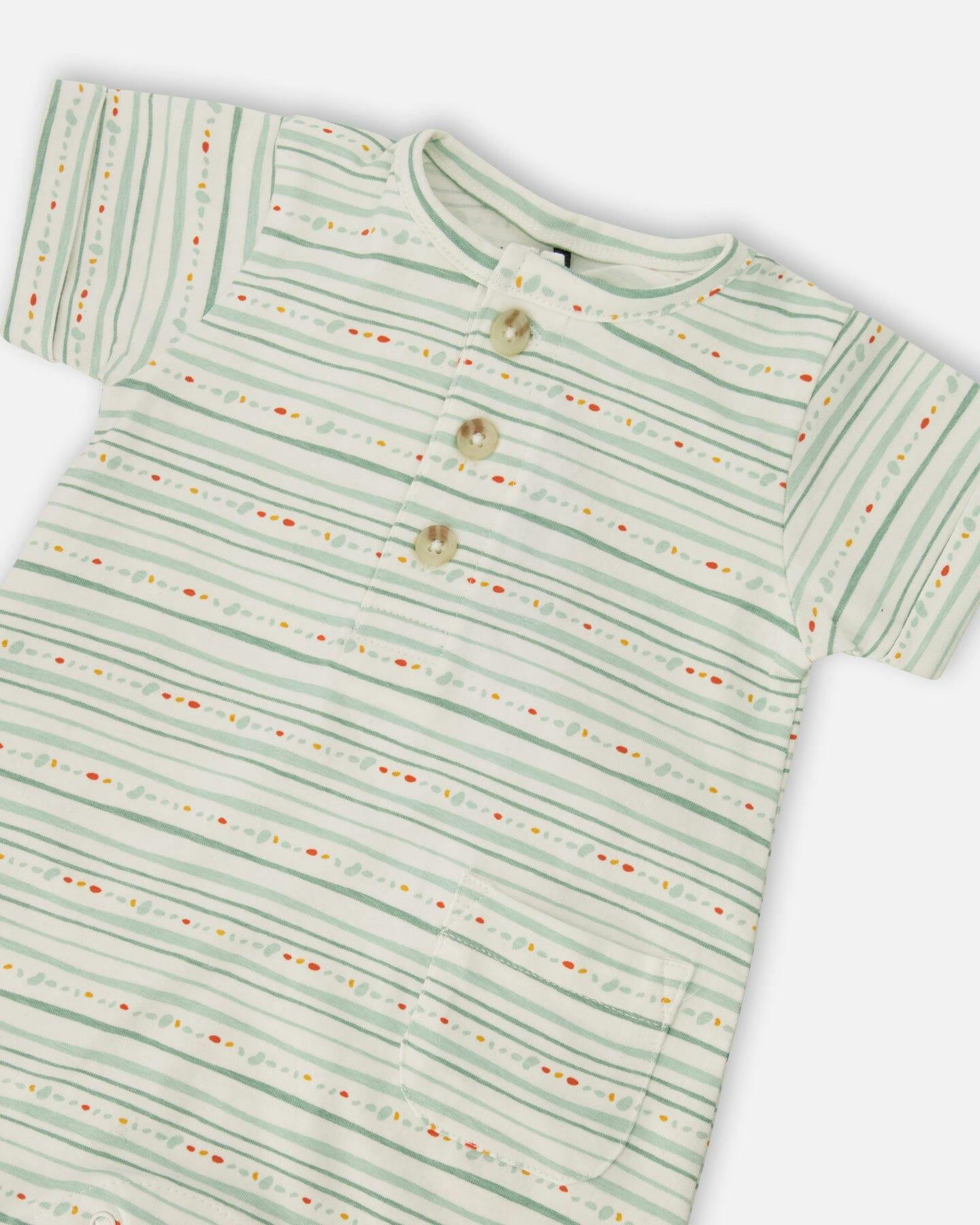 Organic Cotton Romper White Printed Mint Green Lines