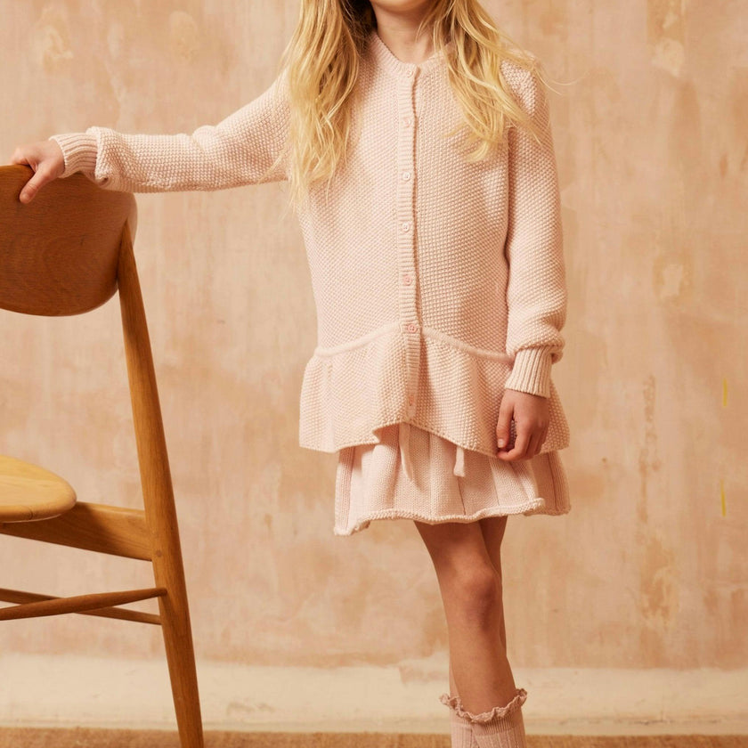 Moss Stitch Ruffled Cardigan | Blush