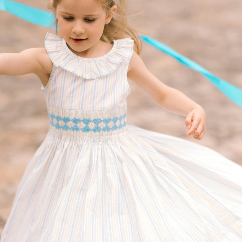 Capucine Blue Yellow Stripe Sleeveless Smocked Dress