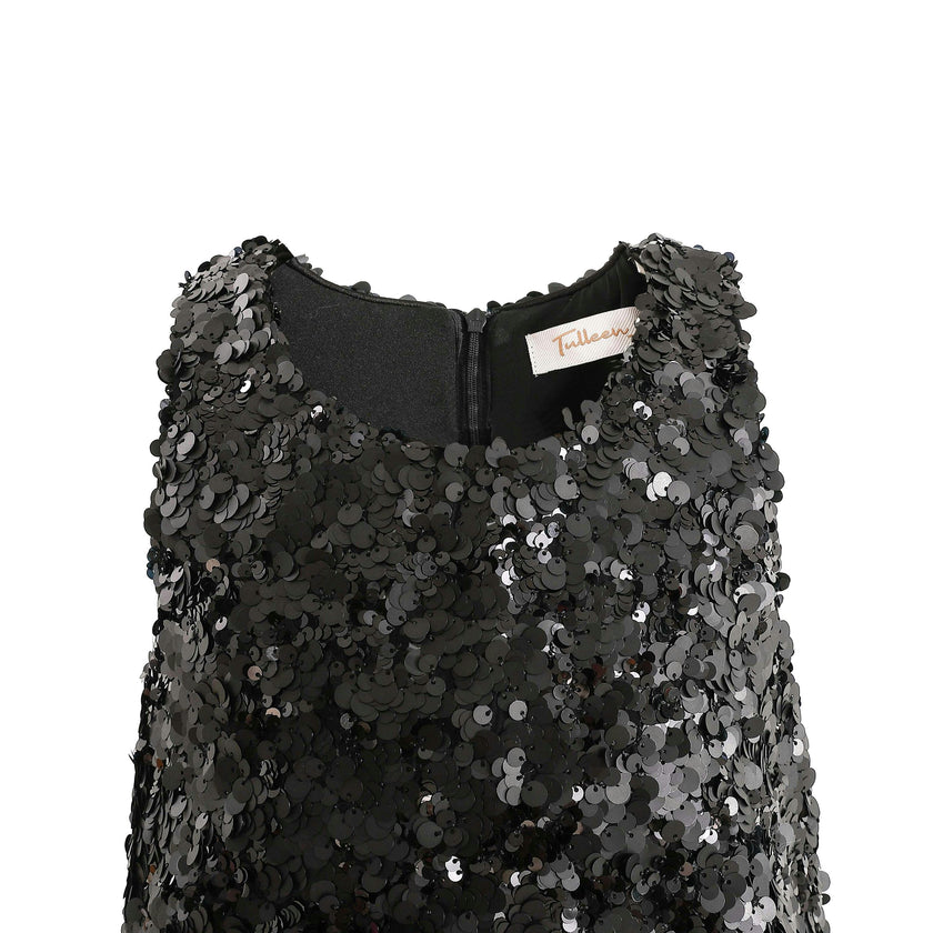 Black Sequin Feather-Hem Dress