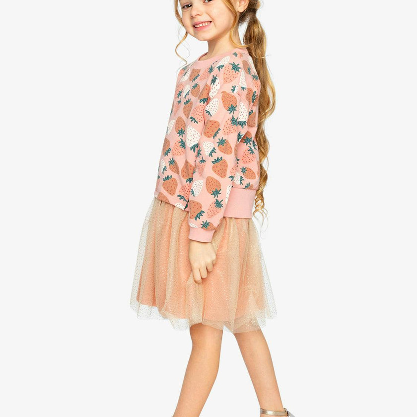 Bi-Material Dress Pink Strawberry Print