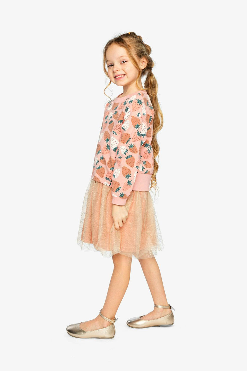 Bi-Material Dress Pink Strawberry Print