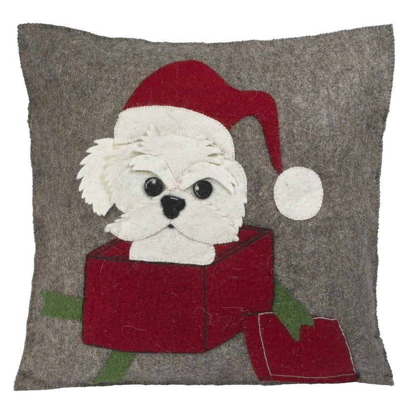 Hand Felted Wool Christmas Pillow - Dog Box - 20"
