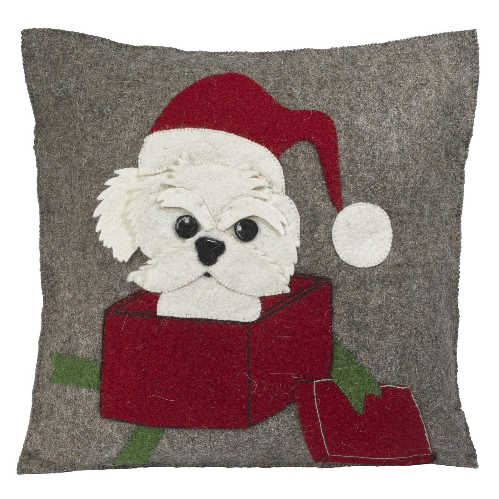 Hand Felted Wool Christmas Pillow - Dog Box - 20