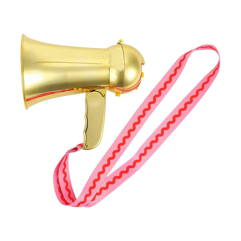 Packed Party Party Starter Gold Mini Megaphone - Shiny Gold with Pink Red Rickrack Strap, Battery Operated Party Megaphone for Bachelorettes and Birthdays