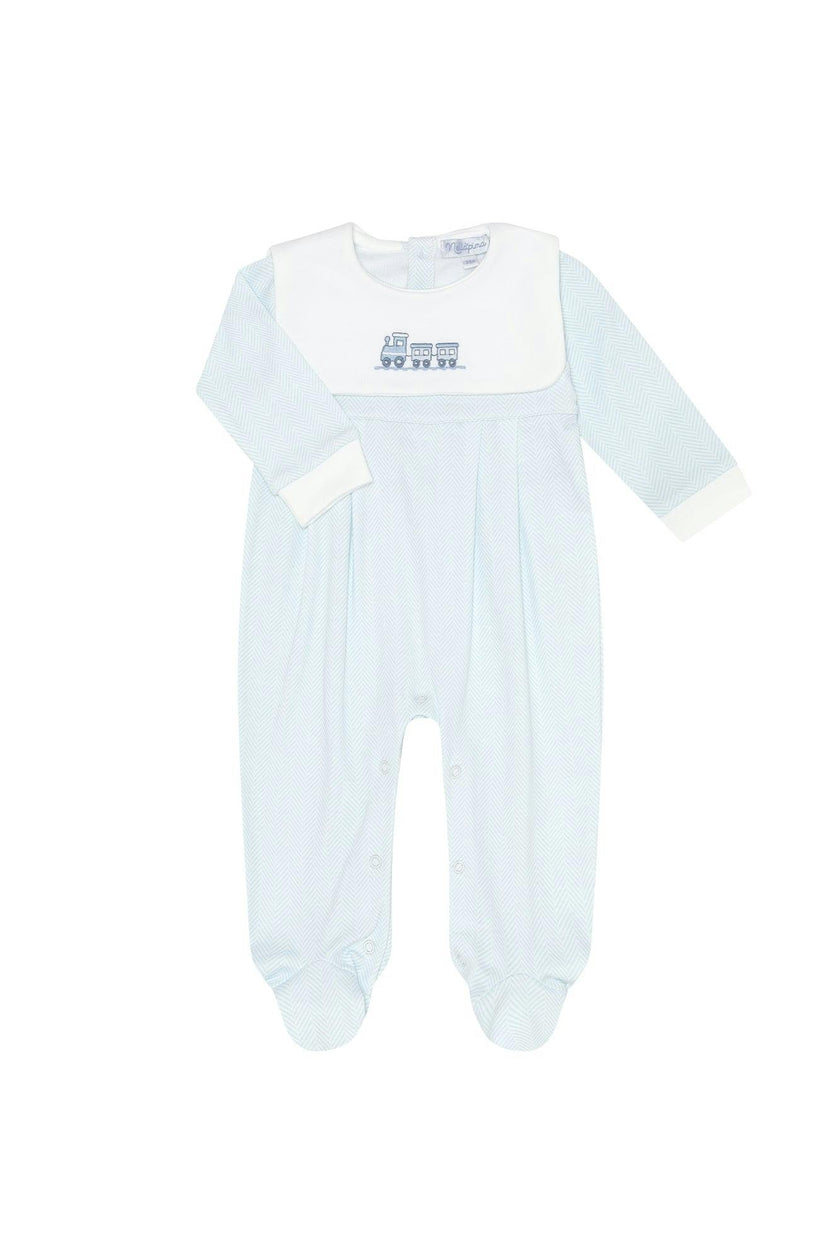 Blue Herringbone Embroidered Collared Footie