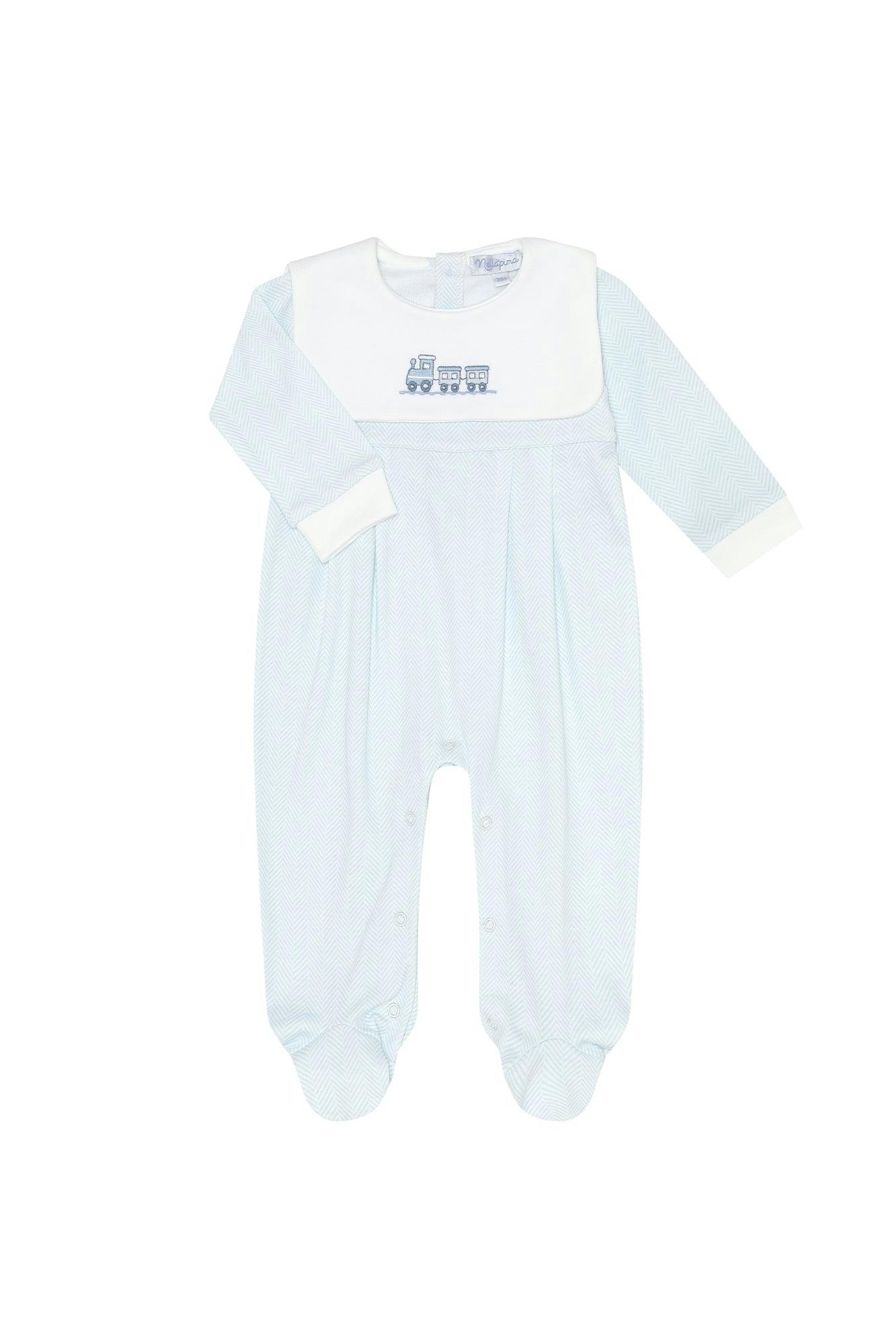 Blue Herringbone Embroidered Collared Footie