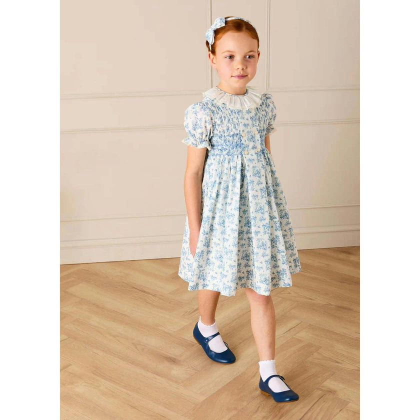 Audrey Toile Hand Smocked Ruffle Collar Short Sleeve Dress in Blue (12mths- 10yrs)