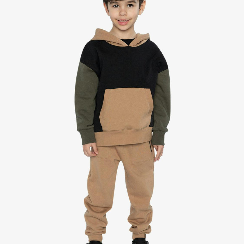 Hooded Colorblock Fleece Cardigan Black, Green and Beige