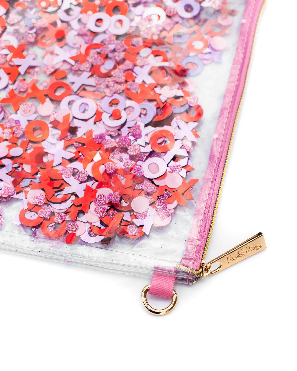 Packed Party Valentine XO Confetti Everything Pouch - Pink Red XOXO Confetti-Trapped Clear Vinyl Clutch Organizer, 8.75x7.75 Inch