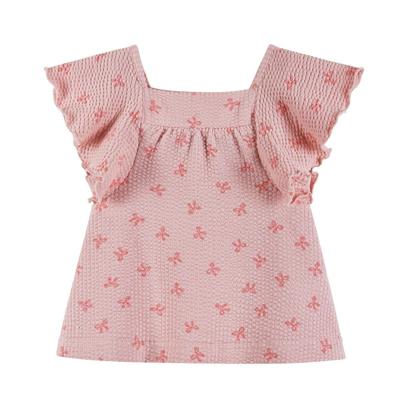 Infant Girls Knit Seersucker Top & Pant Set | Pink Bow Print